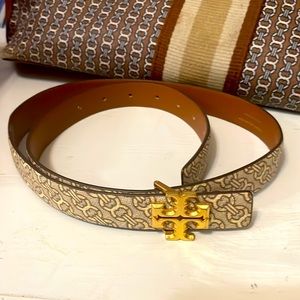 Tory Burch Gemini Link Reversible Leather Belt Jacquard Beige & Gold Print sz M